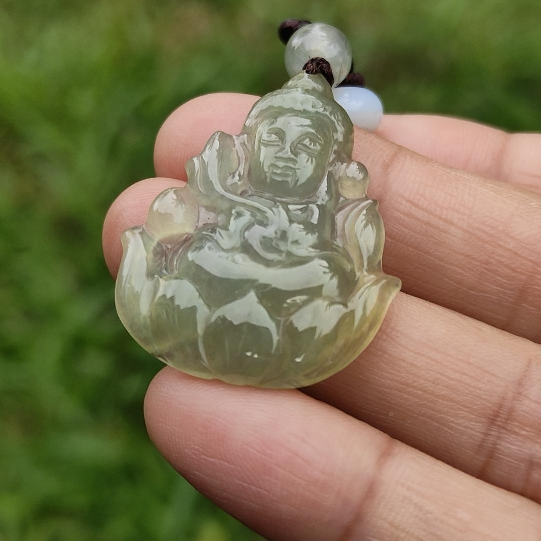 Icy Yellow Natural Type A Jadeite Pendant Necklace crafted as Baby Guanyin seating on Lotus, with certificate weigh 4.78 grams, measurement 31.5 * 26 * 4.3 mm (pendant40)