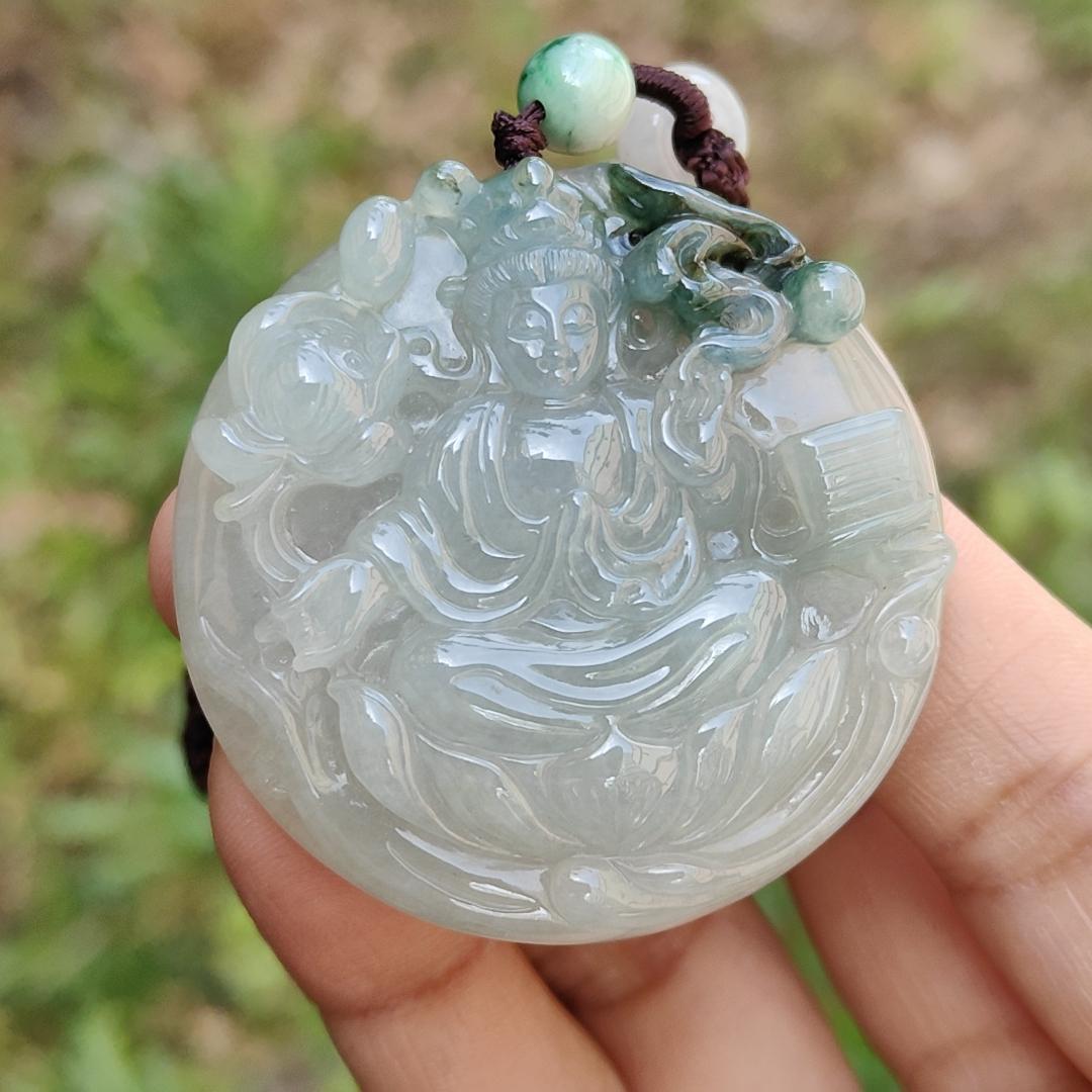 Light Green with Bluish Green Natural Type A Jadeite Pendant Necklace crafted with Guanyin Symbols of Peace, auspiciousness and longevity, certificate included weighs 36.23 grams, 45.8 * 45.8 * 9.1 mm, suitable for daily wear (pendant56)