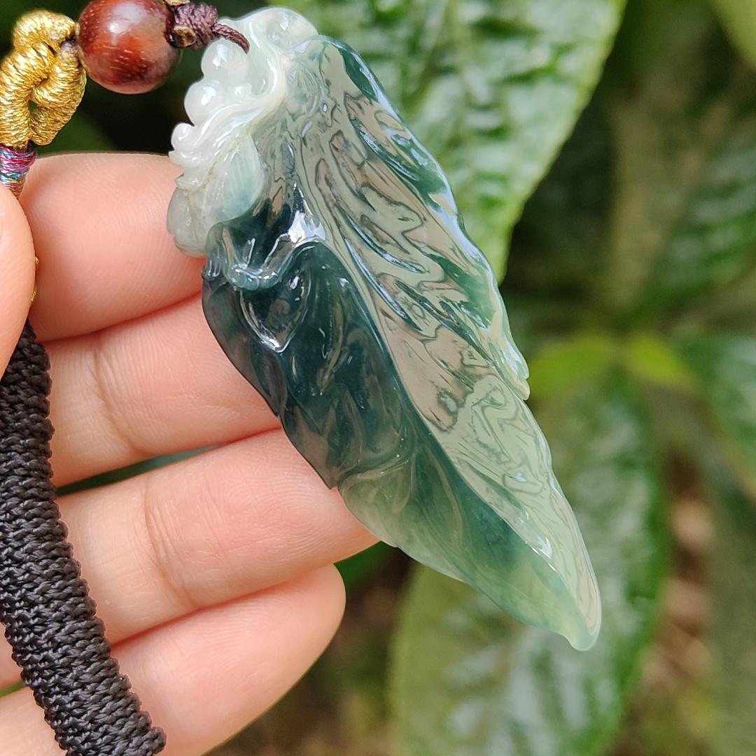 Bluish Dark Green Premium Quality Natural Type A Jadeite Pendant Necklace crafted as leaf with certificate weigh 12.98 grams, 57.7 * 24 * 8 mm, symbols of Great success and rising step by step, career is going smoothly (pendant164)