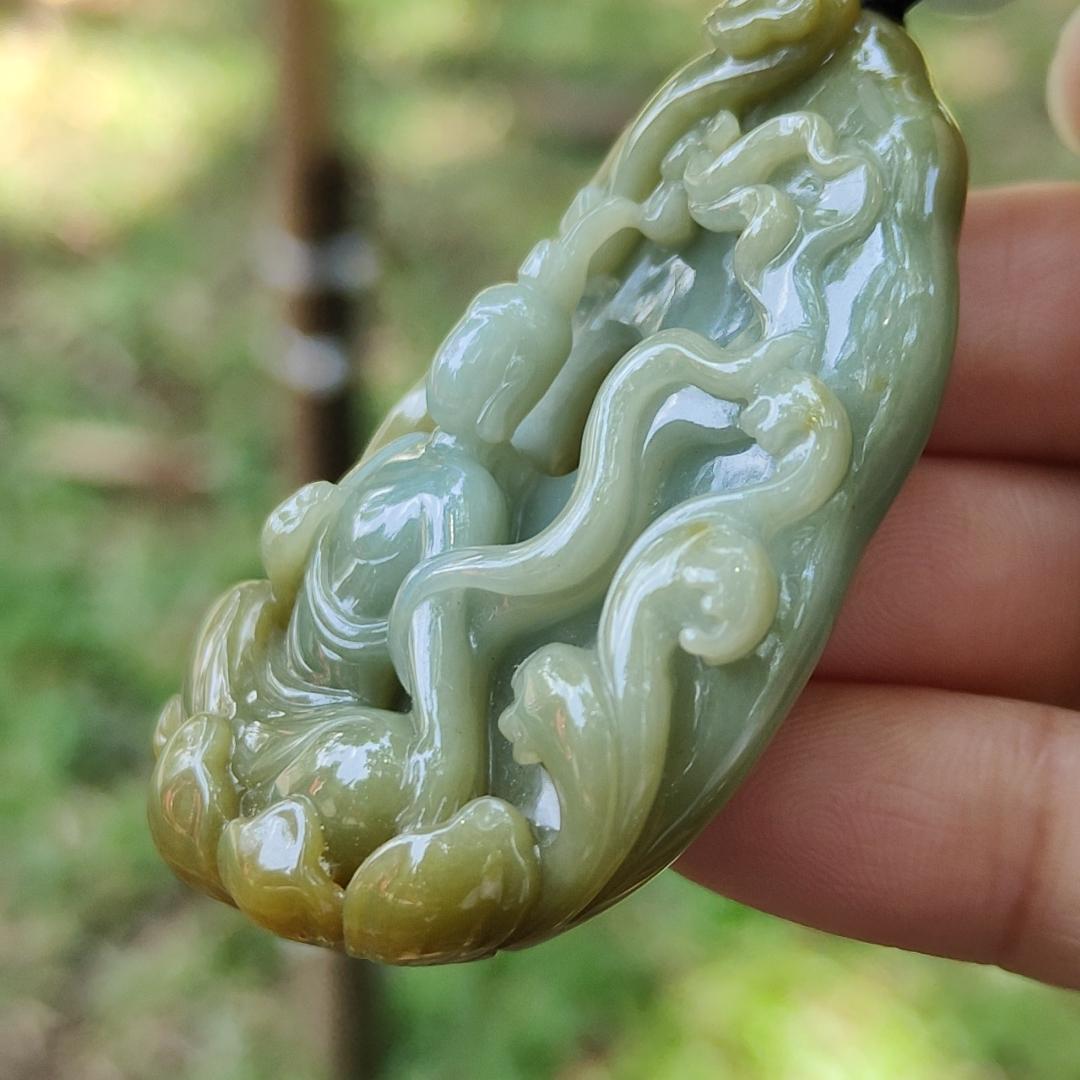 Good Quality Yellow and Green Natural Type A Jadeite Jade crafted with Ruyi and Faceless Buddha as Pendant, QIC approved labs certificate weigh 45.18 grams, measurement 53.1 * 38.3 * 14.8 mm (pendant273)