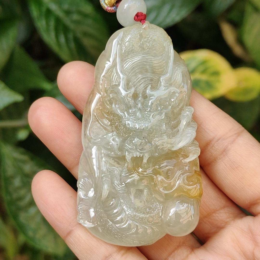 Premium Quality Yellow Natural Type A Jadeite Jade crafted with Dragon as Pendant, certificate weighs 53.72 grams, measurement 67.3 * 37.5 * 12.9 mm (pendant240)