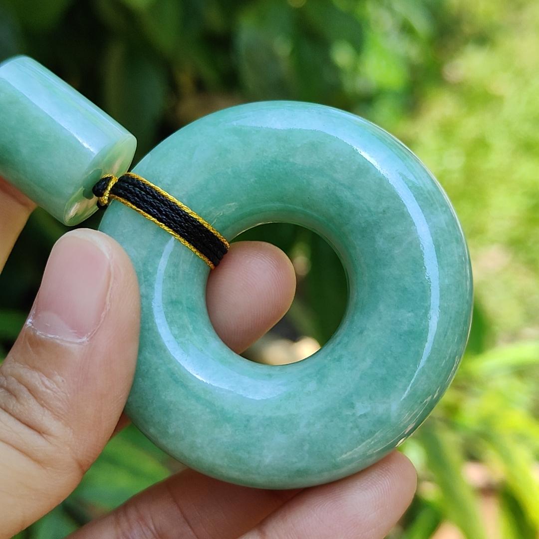 Hugh Light Green crafted with Shape of Donut and Cylinder Natural Type A Jadeite Jade as Pendant, certificate weighs 73.85 and 12.55 grams, measurements 52.8 * 52.7 * 14.3, 19.1 * 16.3 mm (pendant290)