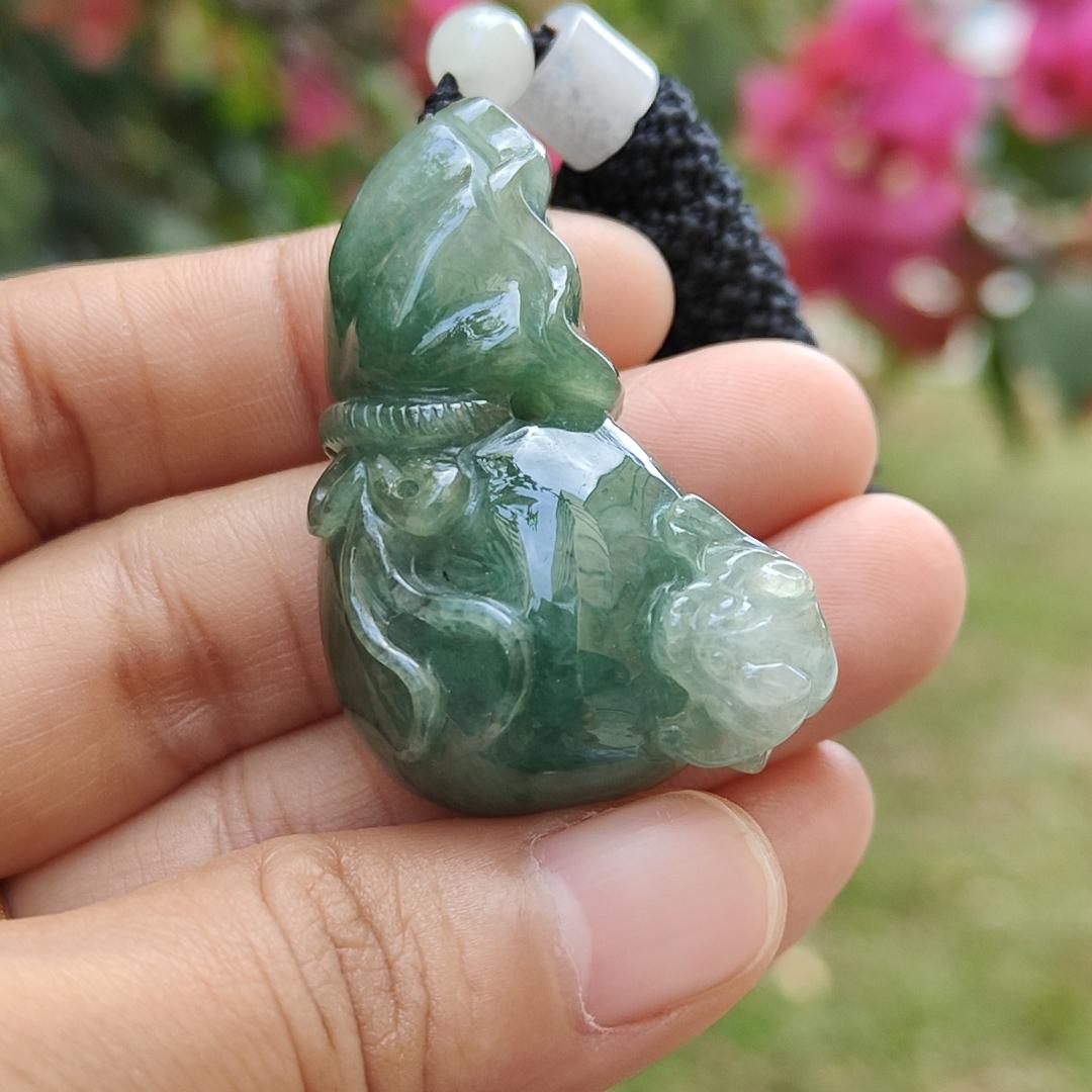 Dark Green Natural Type A Jadeite Jade crafted with Three legs toad on Money Pouch as Pendant with certificate weigh 26.67 grams, measurement 42 * 18.5 * 14 mm (pendant230)