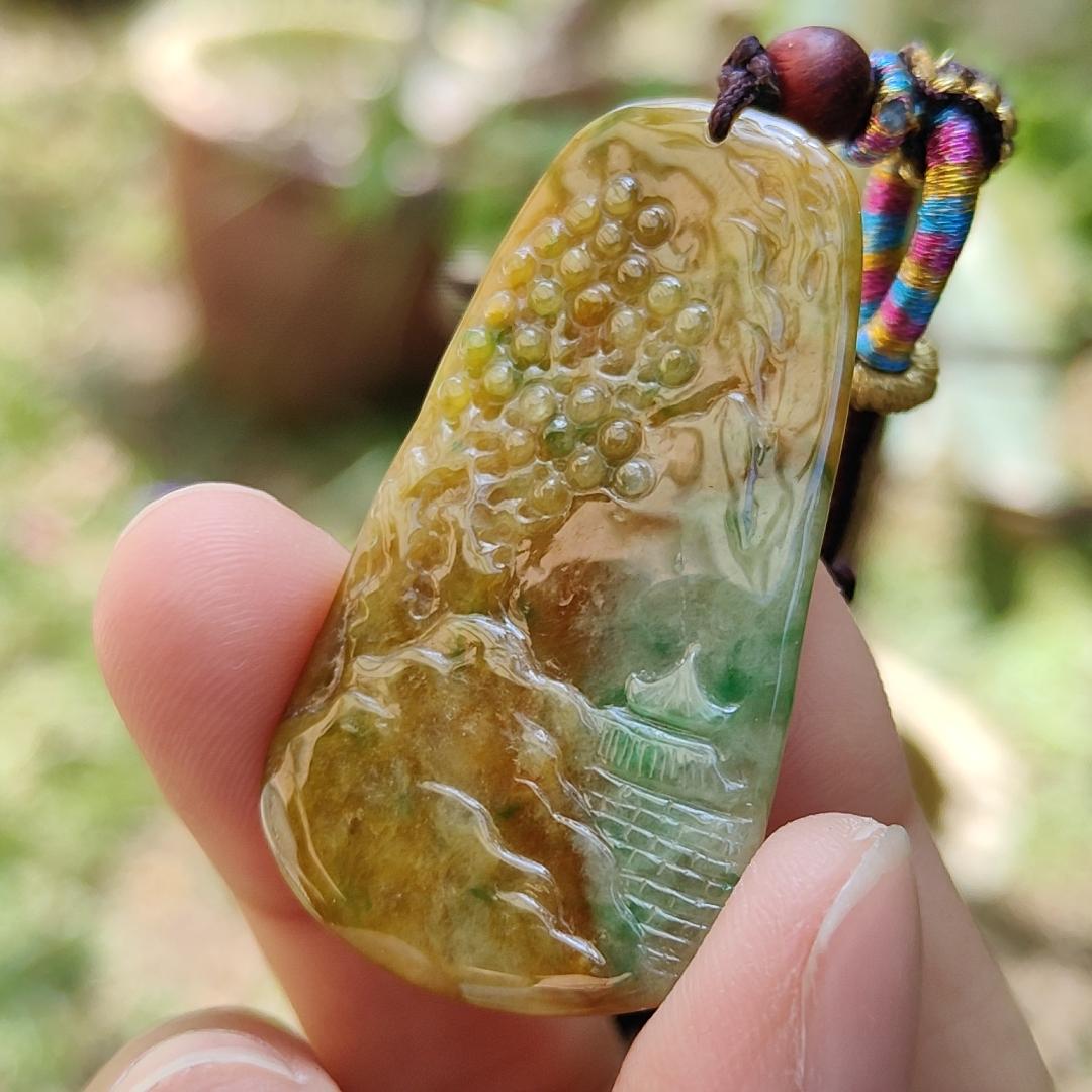 Rare quality Yellow with reddish brown and green Natural Type A Jadeite Jade crafted with sceneries as pendant, certificate weigh 11.38 grams, measurement 45.6 * 24.3 * 5.2 mm (pendant216)