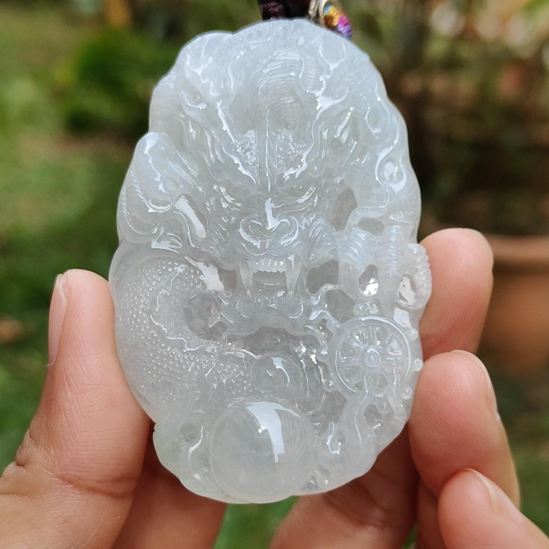 Semi Icy Premium Natural Type A Jadeite Jade crafted as Dragon with certificate weigh 49.63, measurement 64.8 * 42.5 * 10.5 mm (pendant190)