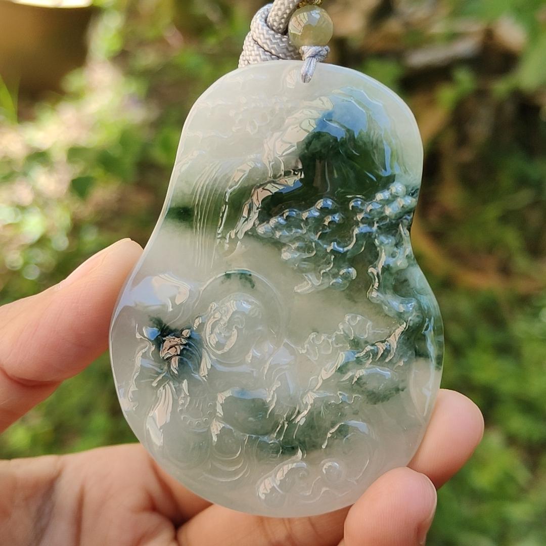 Premium Rare Semi Icy Natural Type A Jadeite crafted with Scenery and Laughing Buddha, certificate included weigh 51.59 grams, 71.8 * 53.1 * 7.5 mm, collector item, (pendant51),