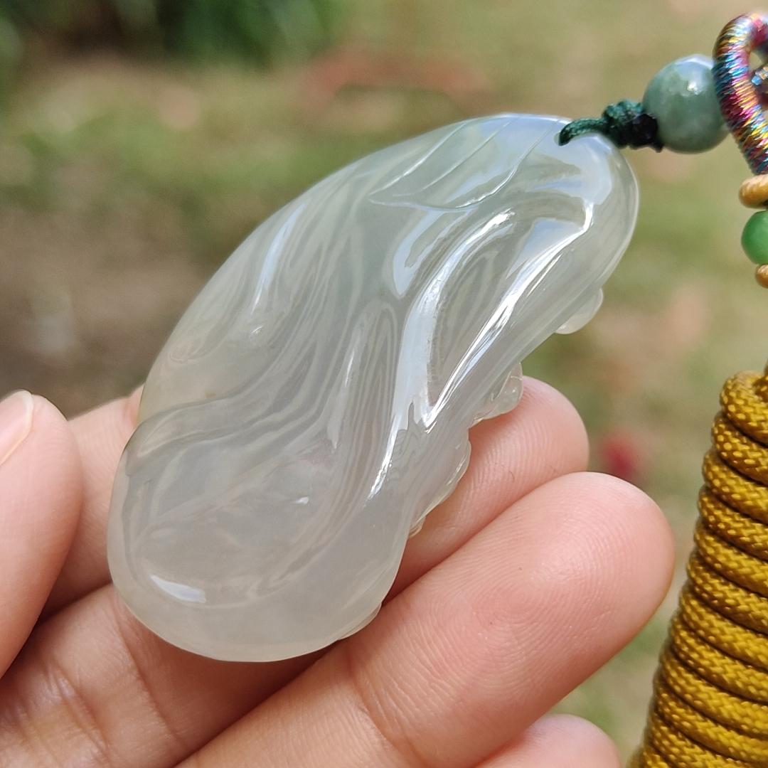 High Quality Icy Translucent Natural Type A Jadeite Jade crafted with God of Fortune as Pendant, certificate weighs 24.19 grams, measurement 48.8 * 27.3 * 10 mm (pendant274)