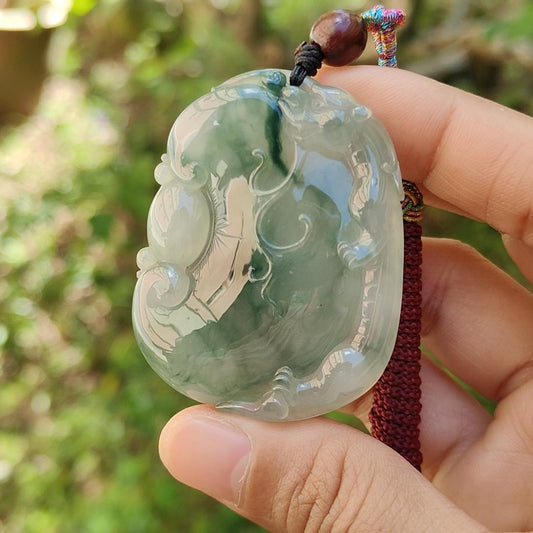 Old Pit Rare Green with Floating green patches (piaohua) Natural Type A Jadeite Pendant Necklace crafted with Ruyi and vintage Chinese Dragon, certificate included weigh 34.87 grams, 50 * 39.5 * 9.7 mm (pendant29)