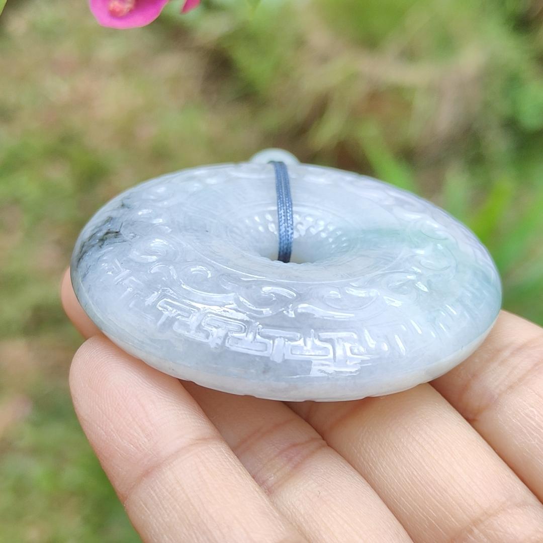 Hugh Natural Type A Jadeite Pendant Crafted as Dounut with beautiful archaize style with floating green and some wuji with Purple Hue, QIC Labs approved cert weigh 71.13 grams, 54.3 * 54.3 * 12.2 mm, symbols of Everything is going well (pendant64)