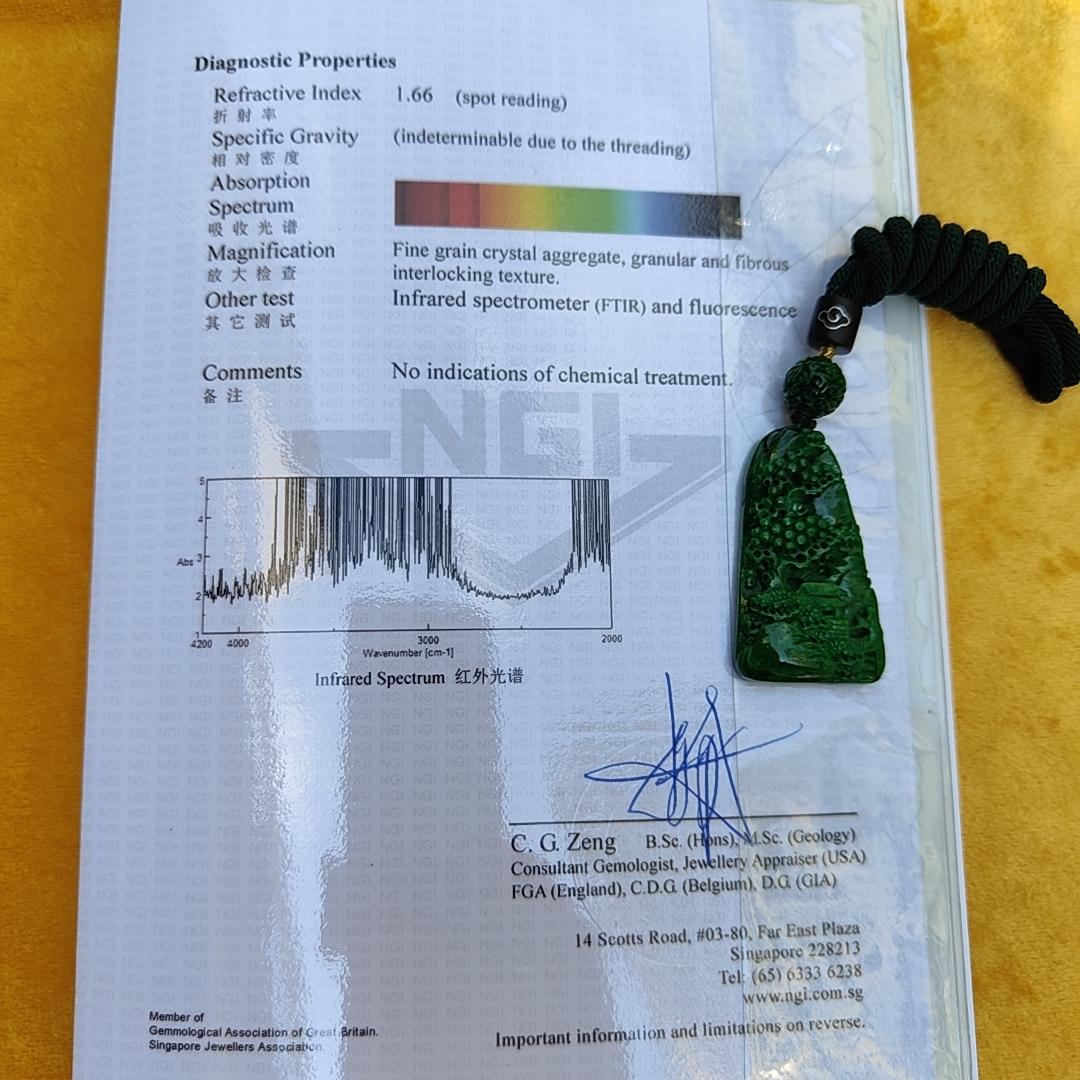 Dark Green Natural Type A Jadeite carved with scenery pendant with NGI Gemstone report weight 19.21 grams , 43.10 * 25.36 * 7.50 mm , Semi Translucent to opaque fine grain crystal aggregate - Good for daily wear pendant (pendant152)