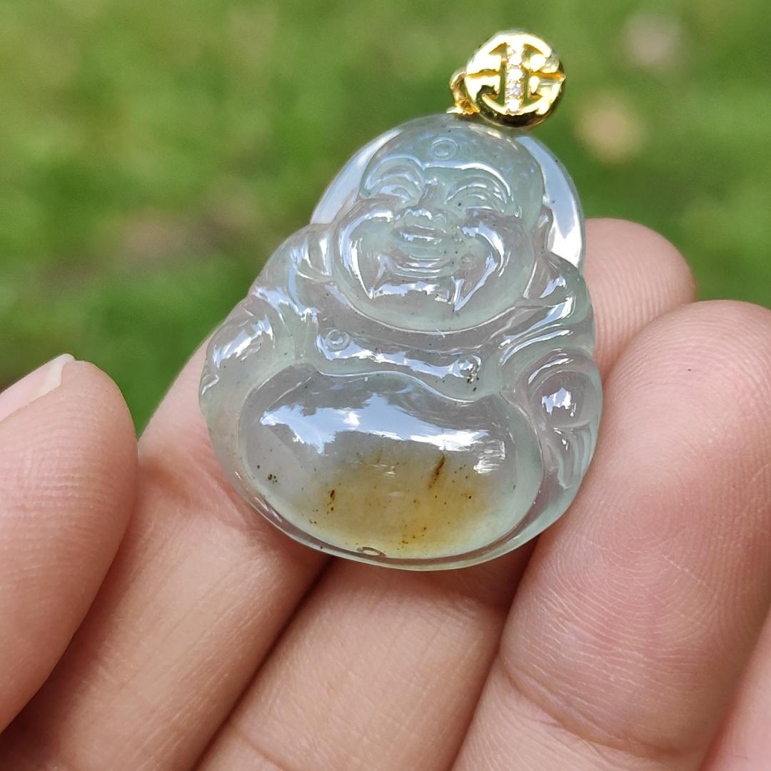 Rare Old Pit Icy Translucent with Yellow and Light Green Hue Collectible Natural Type A Jadeite Jade crafted as Milo Buddha added with 18k Gold Clasp as Pendant, certificate weighs 6.09 grams, measurement 26.8 * 23.2 * 6 mm (18kp63)