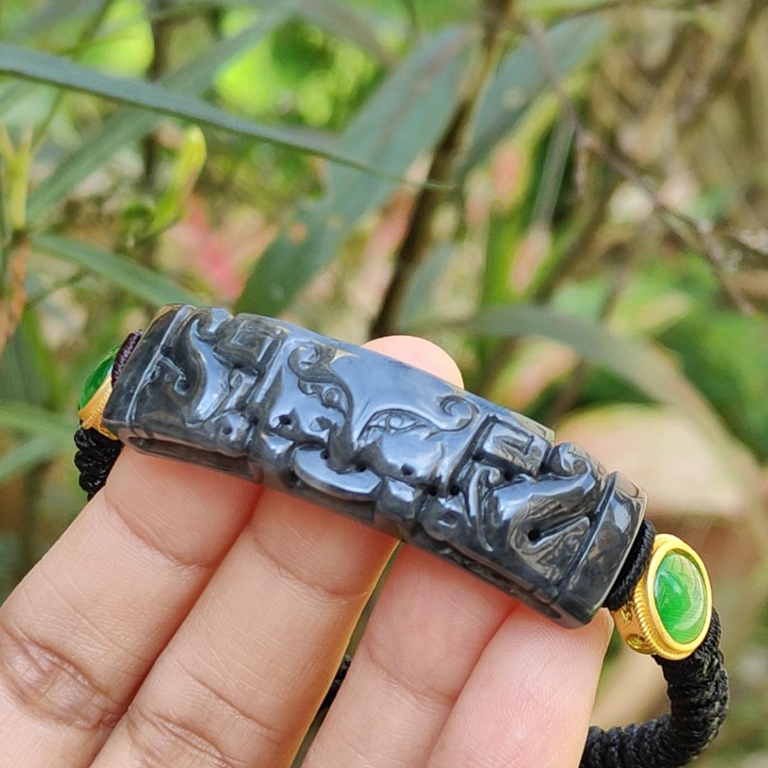 Wuji Black Natural Type A Jadeite Bracelet crafted with Tao Tie, symbols of Power and abundance and Money, with certificate weigh, mm  11.17 grams, 48.8 * 13.3 * 6.9 (bracelet7)