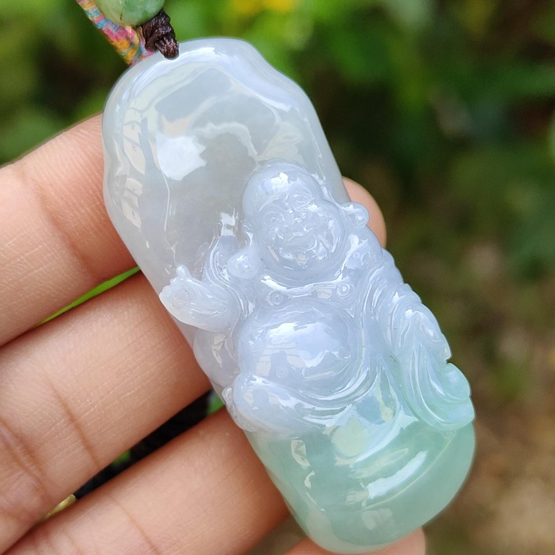 Lavender and Green Natural Type A Jadeite Pendant crafted with Milo Buddha represent Compassionate, tolerant, optimistic and open-minded with certificate weight 29.40 grams, 50.80 * 20.80 * 13.60 mm suitable for daily wear (pendant108)