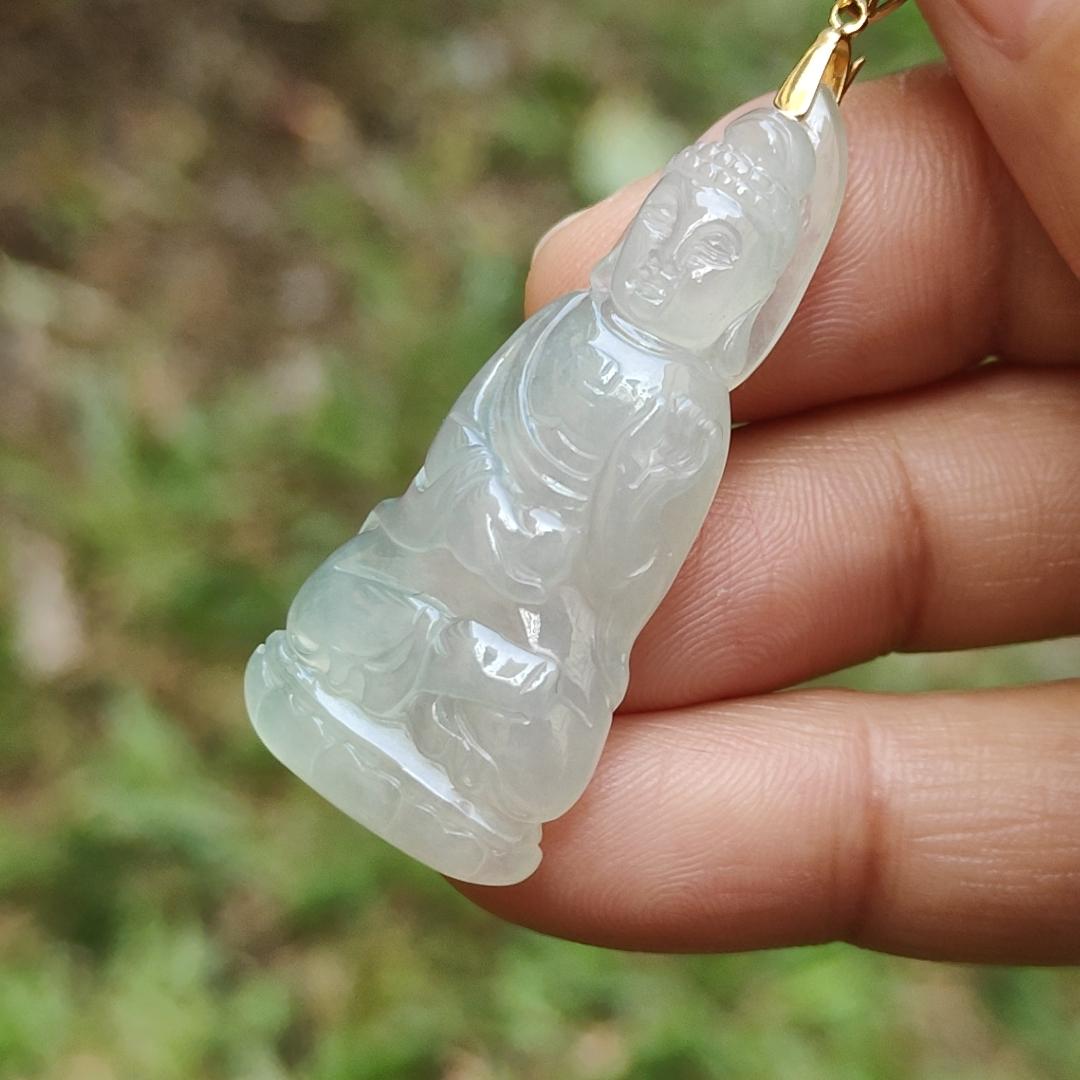 Icy Translucent Natural Type A Jadeite Jade crafted as Buddha with 18k gold clasp as Pendant, certificate weighs 6.78 grams, measurement 41.3 * 17.8 * 6.2 mm (18kp44)