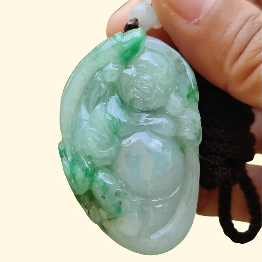 Rare High Quality Light Green and Green Natural Type A Jadeite Jade crafted with Milo Buddha as Pendant, certificate weighs 28.04 grams, measurement 46.3 * 30.3 * 13.9 mm (pendant285)