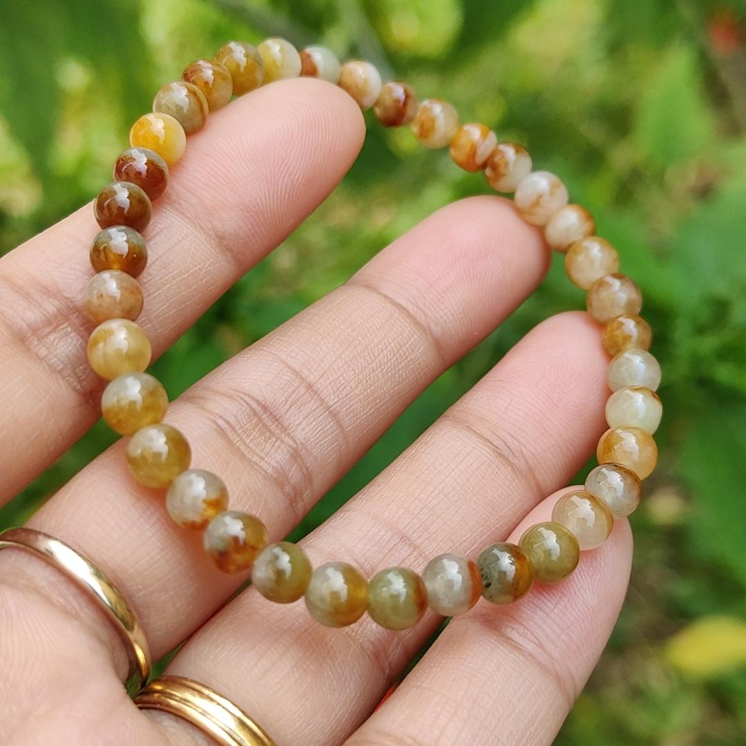 Elegant and Good Quality 5.3mm Icy Yellow, Red, Brown Natural Type A Jadeite Jade 36 Beads Bracelet with QIC labs approved certificate weigh 8.76 grams (bracelet13)