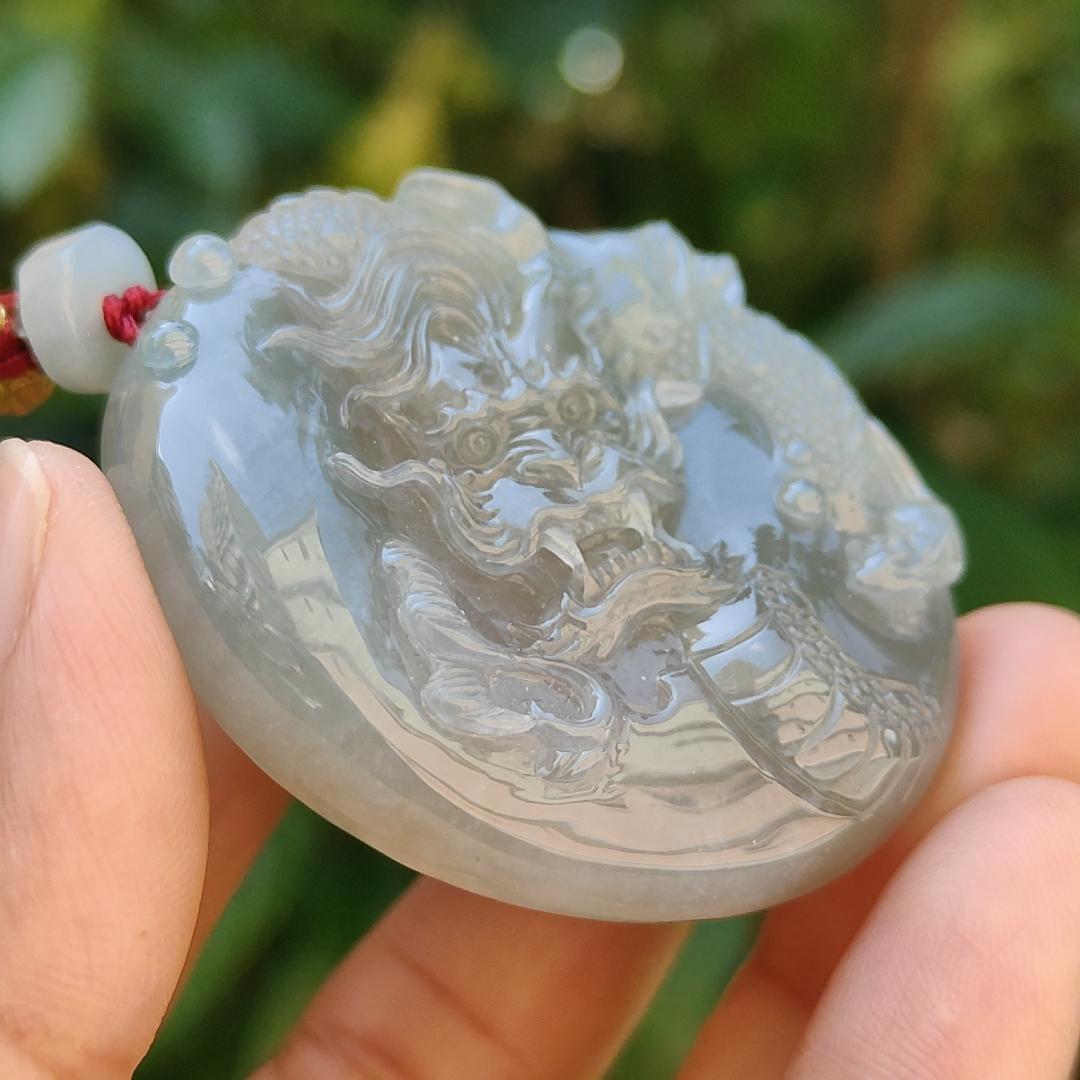 Light green with Brown fine quality Natural Type A Jadeite Pendant carved with dragon meaning wisdom, Auspiciousness, strength and independence with certificate weigh 41.21 grams, 46 * 40.60 * 10.80 mm, very suitable for daily wear (pendant91)