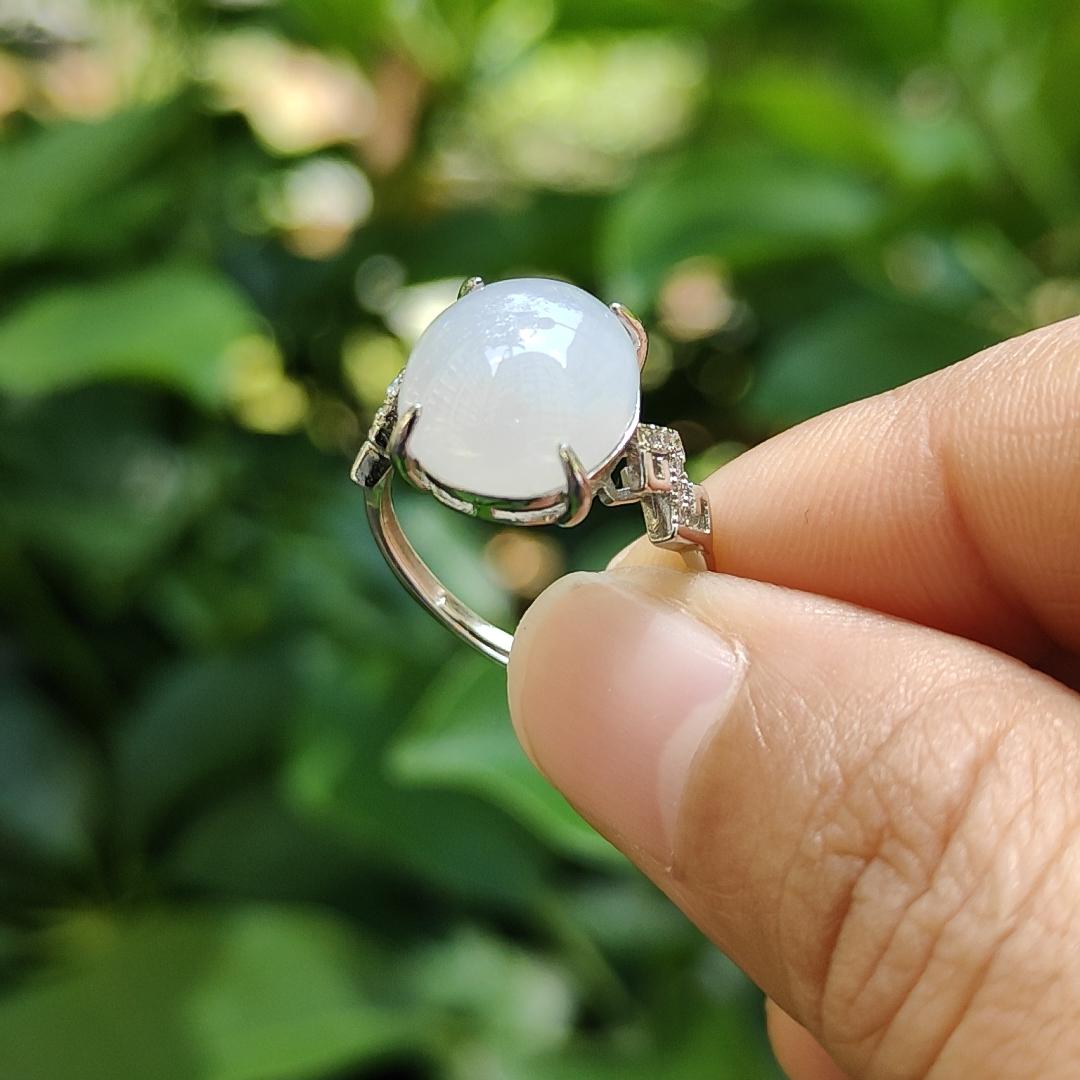 High Quality Semi Icy Cabochon with good Translucency Natural Type A Jadeite Jade set with S925 as adjustable Ring, certificate weighs 2.75 grams, measurement 12.9 * 11 * 4.8 (s925ring15)