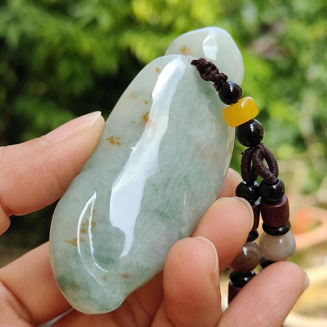 Light Green with Golden Yellow Patches Super Rare Natural Type A Jadeite Jade crafted with Arhat as Pendant, certificate weighs 57.71 grams, measurement 69.7 * 39.3 * 14.5 mm (pendant263)