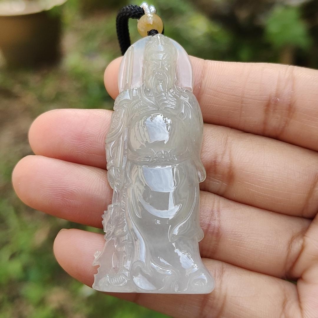 Premium Icy with good translucency Natural Type A Jadeite Pendant Necklace crafted as Guan Gong with certificate weigh 15.41 grams, 59.3 * 26 * 6.3 mm, (pendant31)