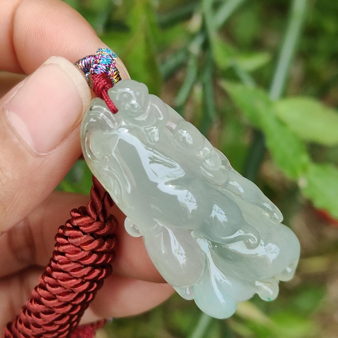 Icy with good translucent glossy texture Natural Type A Jadeite Pendant Necklace, Crafted with Monkey on Chayote symbols of Golden Monkey Brings Longevity and Double Blessings, certificate included weigh 16.84 grams, 44 * 21.3 * 11.8 mm, collectible jade