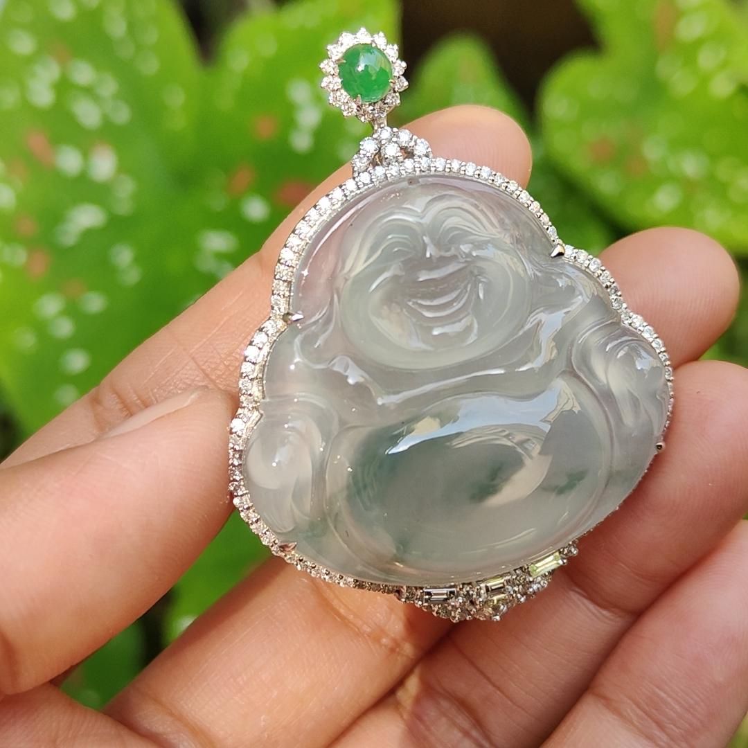 18k Gold pendant Setting with diamonds, 1 small green cabochon and floating flower cloud highly translucent Natural Type A jadeite with NGI Gemstone report weight 15.49 grams, 33.47 * 36.01 * 6.65 mm , 18k gold tested x-ray fluorescence method (18kp4)