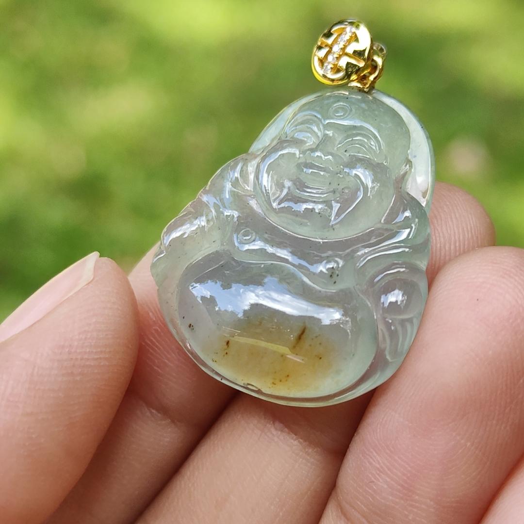 Rare Old Pit Icy Translucent with Yellow and Light Green Hue Collectible Natural Type A Jadeite Jade crafted as Milo Buddha added with 18k Gold Clasp as Pendant, certificate weighs 6.09 grams, measurement 26.8 * 23.2 * 6 mm (18kp63)