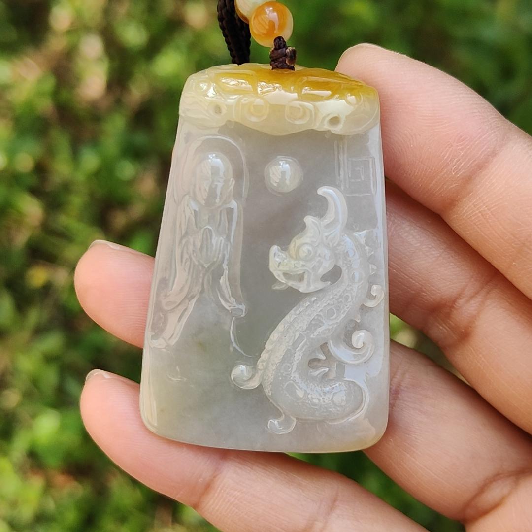 Rare Yellow and white Glutinous Natural Type A Jadeite Pendant Necklace crafted with faceless buddha and dragon olc school style with certificate weigh 37.61 grams, 51 * 33.2 * 10 mm (pendant101)