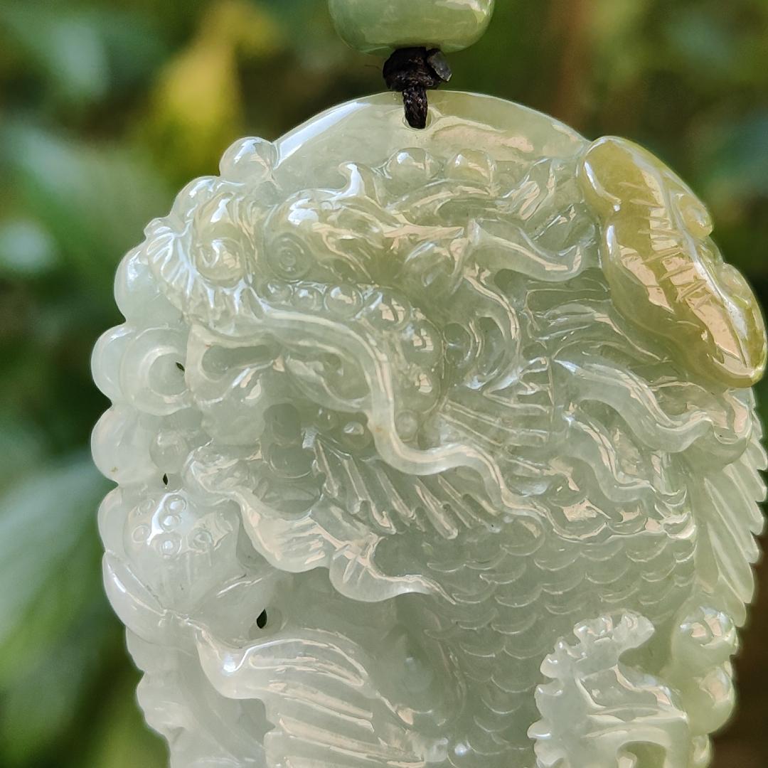 Tea Green Yellow Natural Type A Jadeite Pendant Carved as Dragon Head Fish Body meaning Prosperity, wealth and happiness with certificate weighs 49.67 grams, 62.60 * 43.50 * 12.10 mm (pendant93)