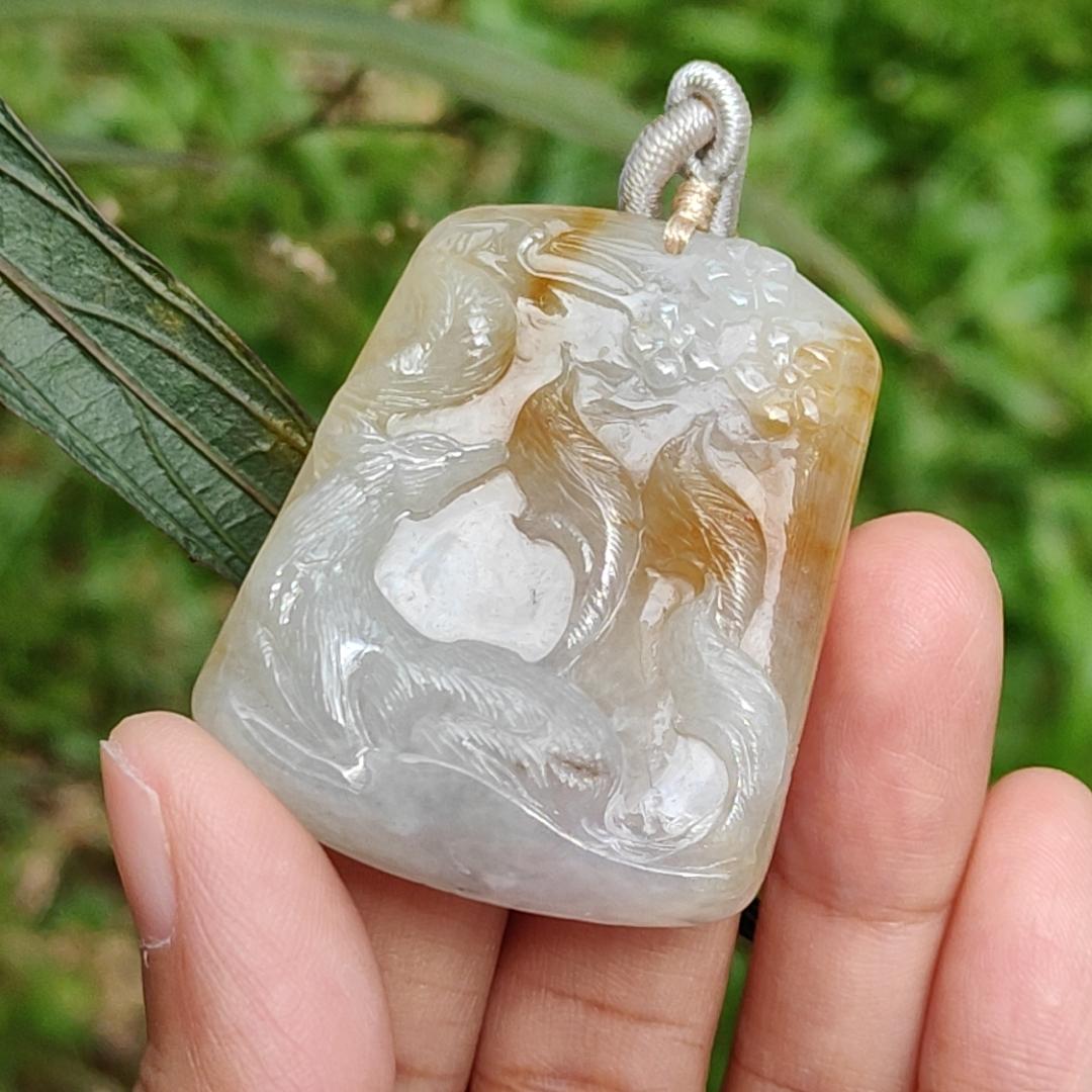 Yellow and White Semi Icy Natural Type A Jadeite Pendant Necklace crafted with nine tail fox symbols of Love, Charisma, and Good Luck, GIC Labs approved certificate included weigh 32.9 grams, 44 * 36 * 9 mm, suitable for daily wear