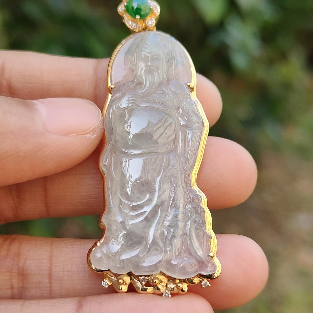 High Quality Light Green and Green Cabochon Icy Translucent Natural Type A Jadeite Jade crafted as Guan Gong set on 18k Gold as Pendant, certificate weighs 8.07 grams, measurement 57.2 * 22.7 * 5.8 mm (18kp46)