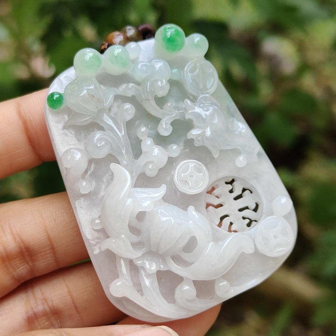 Old school hollow style Green and White Natural Type A Jadeite Jade crafted with flowers and coins as a pendant necklace with certificate weigh 41.56 grams, measurement 56.3 * 43.2 * 11.8 mm (pendant204)