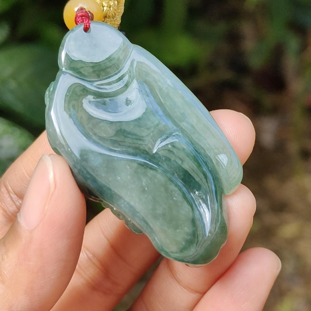 Green Natural Type A Jadeite Jade crafted with Milo Buddha as Pendant, certificate weigh 24.11 grams, measurement 51.2 * 31 * 10.5 mm (pendant239)