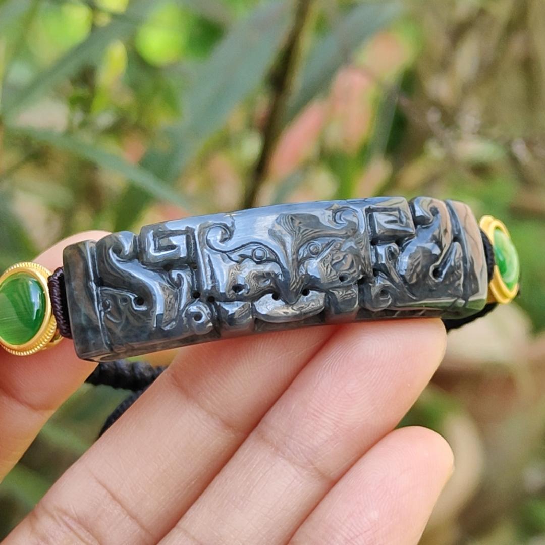 Wuji Black Natural Type A Jadeite Bracelet crafted with Tao Tie, symbols of Power and abundance and Money, with certificate weigh, mm  11.17 grams, 48.8 * 13.3 * 6.9 (bracelet7)