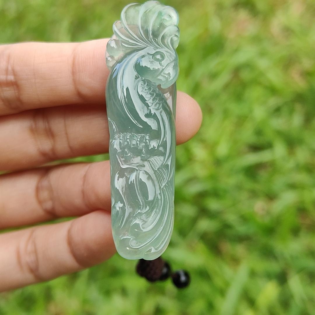 Semi Icy Good Translucency Green Natural Type A Jadeite Pendant Necklace crafted as the parrot, symbols of Wise and brave, heroic and mighty, with certificate weigh 10.82 grams, 57.8 * 16.3 * 7.1 mm (pendant24)