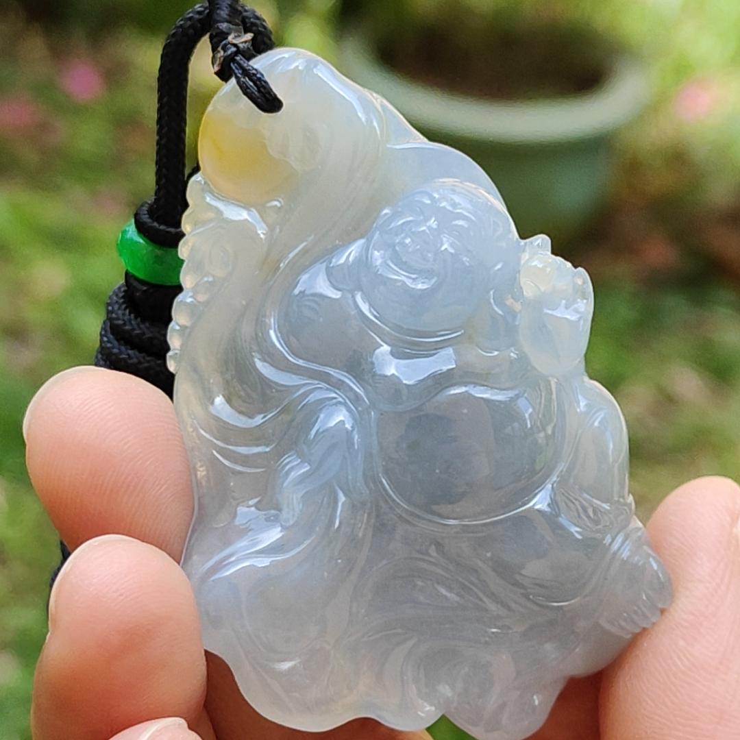 High Premium Light Lavender and Yellow Natural Type A Jadeite Jade crafted with Milo Buddha as Pendant, certificate weighs 49.13 grams, measurement 58.6 * 39.5 * 18.7 mm (pendant284)