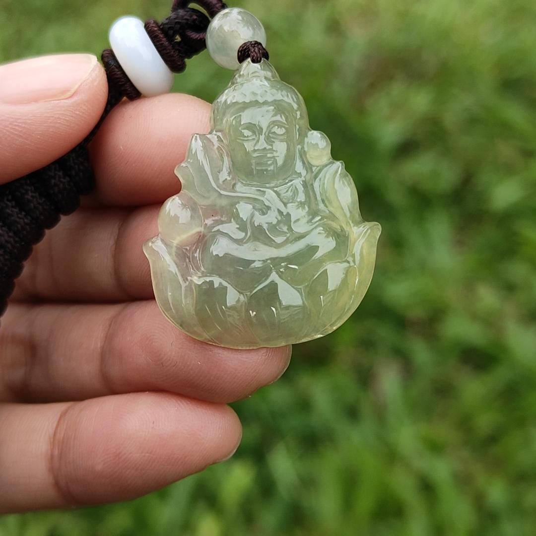 Icy Yellow Natural Type A Jadeite Pendant Necklace crafted as Baby Guanyin seating on Lotus, with certificate weigh 4.78 grams, measurement 31.5 * 26 * 4.3 mm (pendant40)