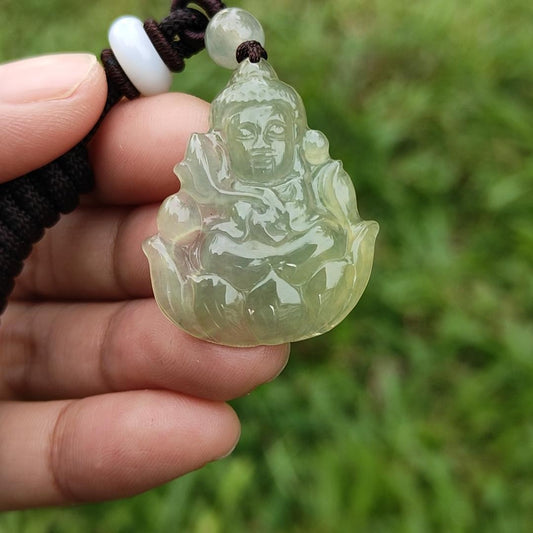 Icy Yellow Natural Type A Jadeite Pendant Necklace crafted as Baby Guanyin seating on Lotus, with certificate weigh 4.78 grams, measurement 31.5 * 26 * 4.3 mm (pendant40)