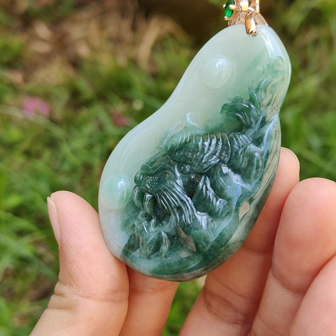 Very Rare Green Tiger Natural Type A Jadeite Pendant with certificate weight 32.24 grams, 62.70 * 41 * 7.60 mm, excellent for the tiger's lover collection for your daily wear (pendant113)