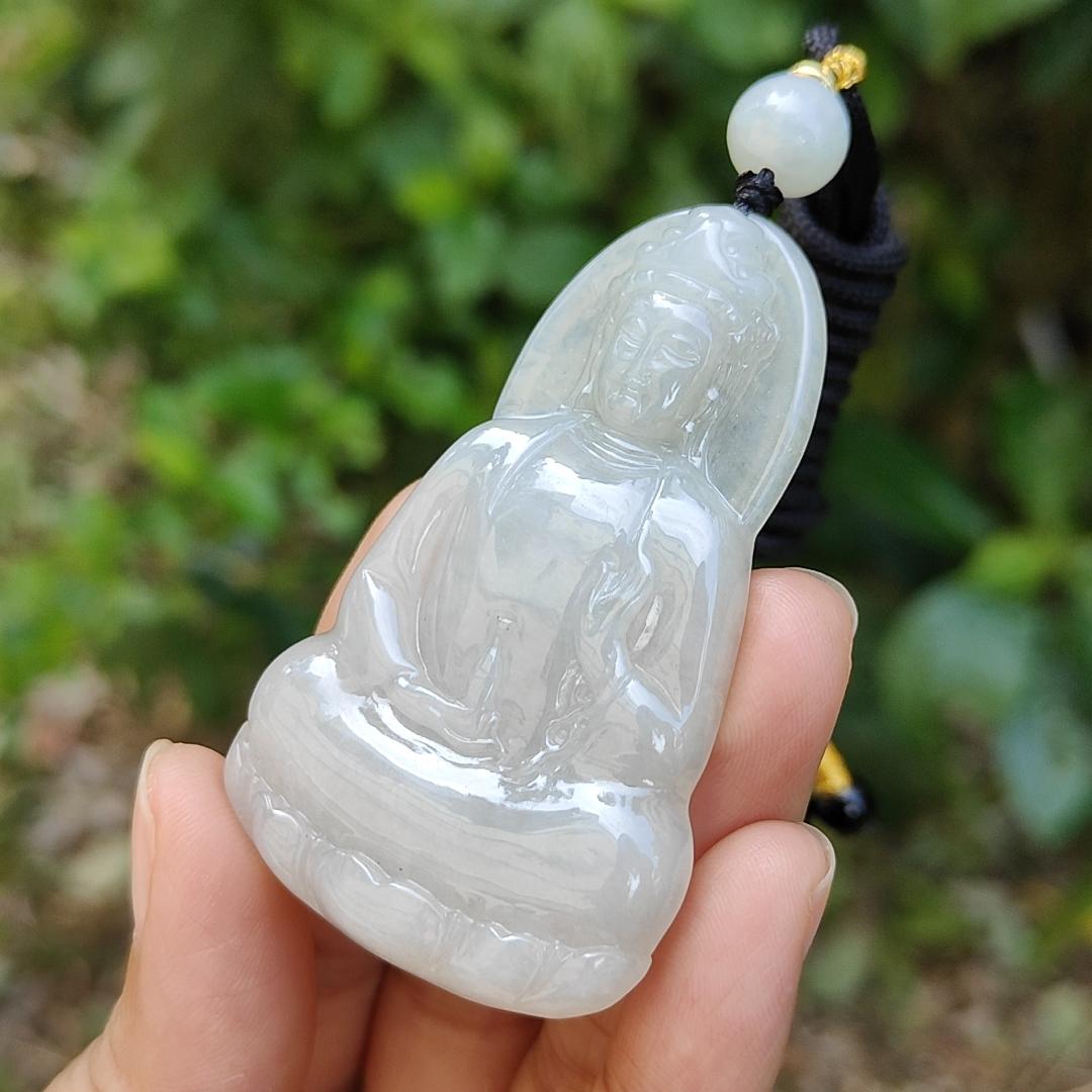 Semi Icy Natural Type A Jadeite Pendant carved as Guanyin with certificate weighs 23.87 grams, 60.3 * 37.1 * 6.2 mm, represents Compassion, wisdom and peace, suitable for daily wear (pendant83)