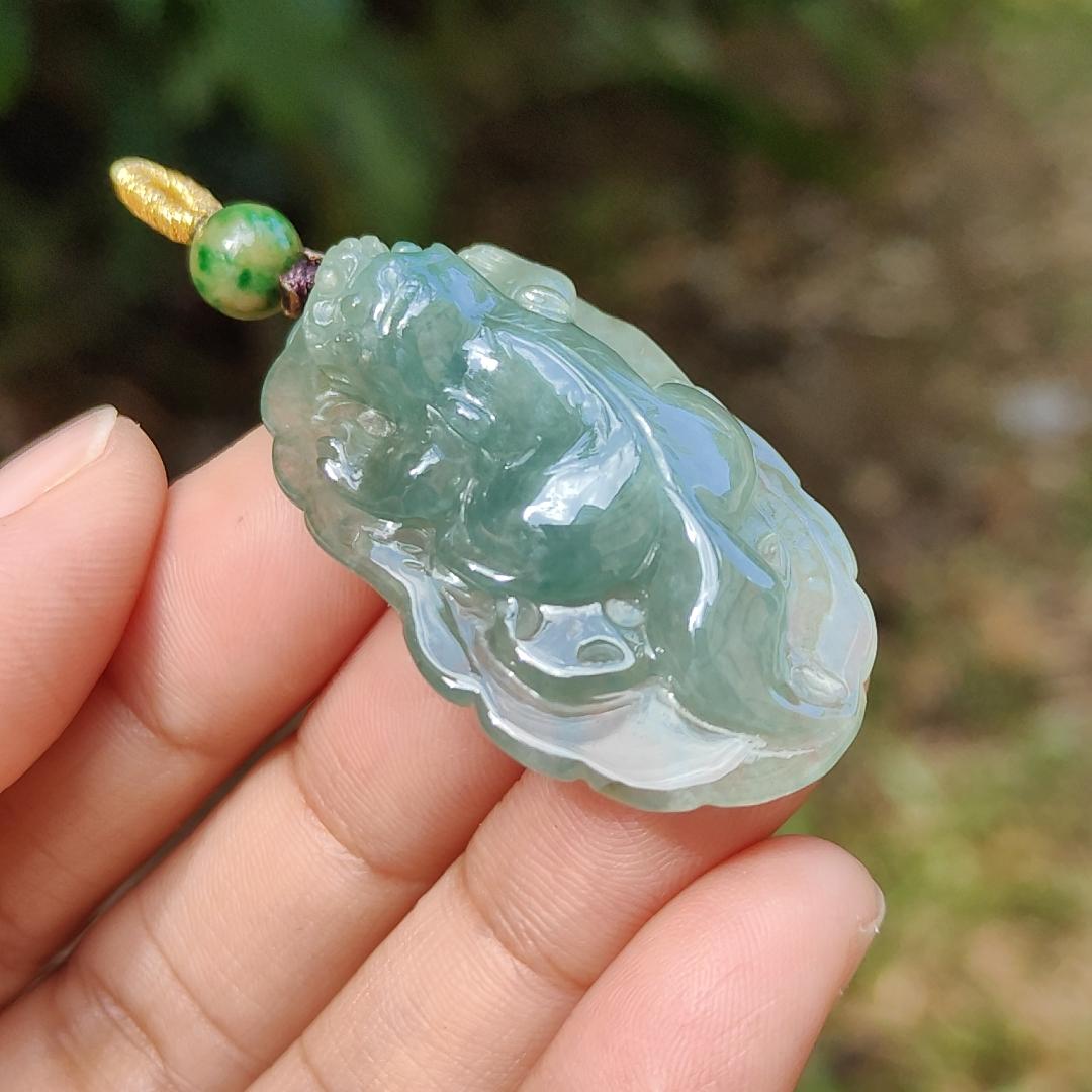 Green Natural Type A Jadeite Jade crafted with Pixiu as Pendant, certificate weighs 12.84 grams, measurement 40 * 23.8 * 10 mm (pendant251)