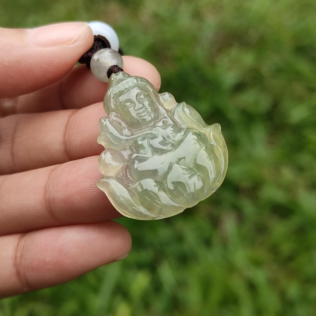 Icy Yellow Natural Type A Jadeite Pendant Necklace crafted as Baby Guanyin seating on Lotus, with certificate weigh 4.78 grams, measurement 31.5 * 26 * 4.3 mm (pendant40)