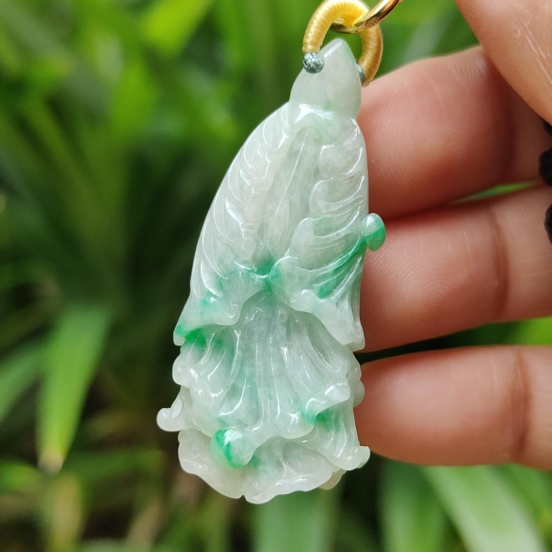 Rare Translucent Near White with Green Patches Natural Type A Jadeite pendant with NGI Gemstone report weight 72.19 grams, 44.87 * 20.83 * 14.52 mm carved as cabbage, with Gravity at 3.33 fine grain crystal aggregate suitable for daily wear (pendant127)