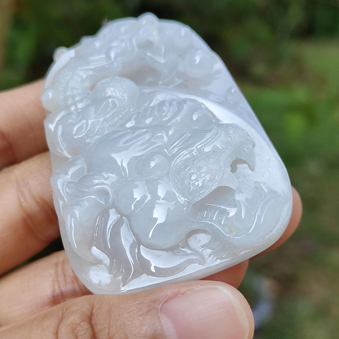 Rare Old Collection White Natural Type A Jadeite Jade crafted with Dragon and Tiger as Pendant, Certificate weigh 44.48 grams, Measurement 60.5 * 40.2 * 9.5 mm (pendant218)