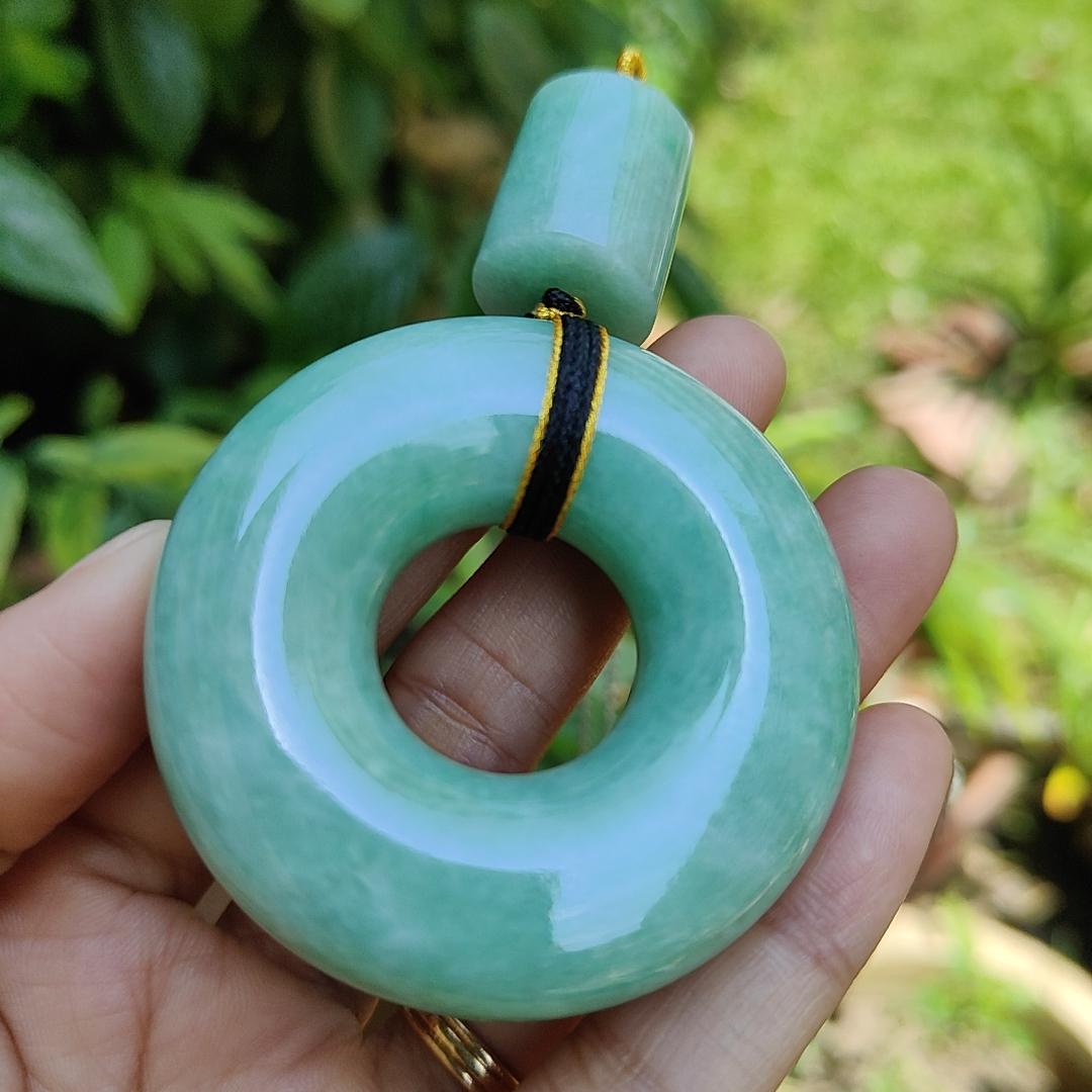 Hugh Light Green crafted with Shape of Donut and Cylinder Natural Type A Jadeite Jade as Pendant, certificate weighs 73.85 and 12.55 grams, measurements 52.8 * 52.7 * 14.3, 19.1 * 16.3 mm (pendant290)