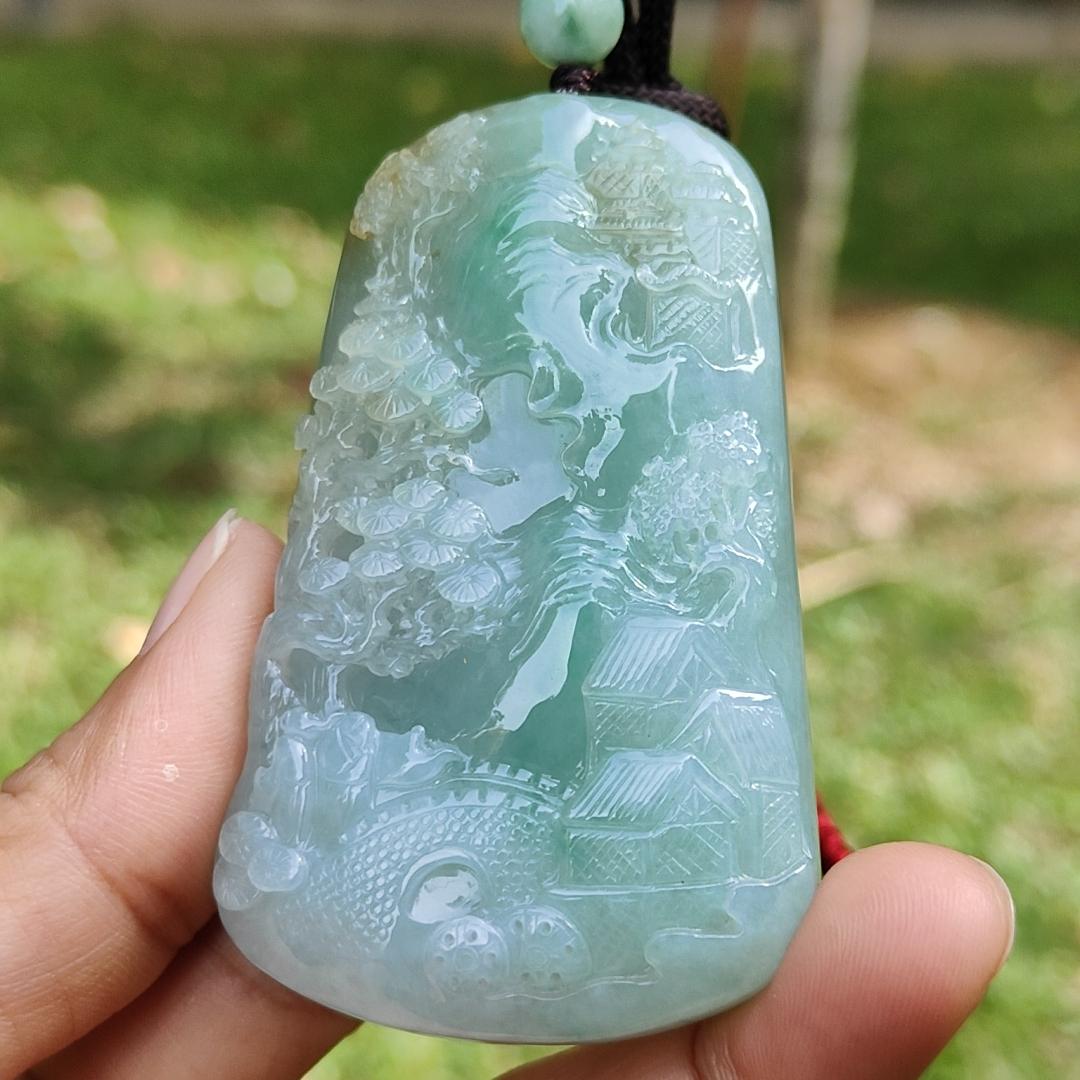 High Quality Light Green with Yellow Natural Type A Jadeite Jade crafted with sceneries as Pendant, certificate weighs 78.02 grams, measurement 66.1 * 40.5 * 13.3 mm (pendant280)