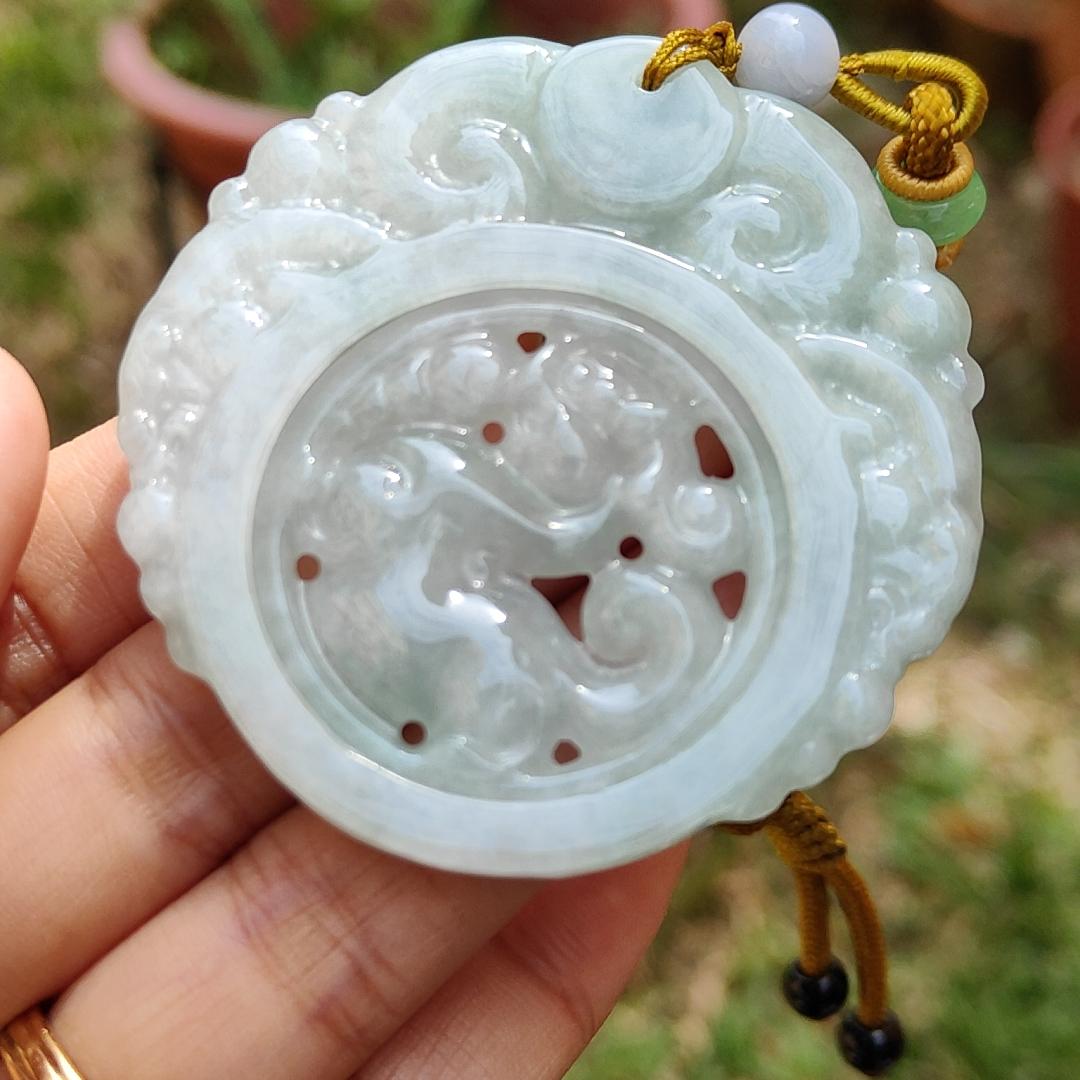 Light Green Hue Natural Type A Jadeite Jade Crafted with 3 Sheeps and Pixiu Hollow Old School Style as a Pendant with certificate weigh 30.99 grams, measurement 56.5 * 55.2 * 6 mm (pendant203)