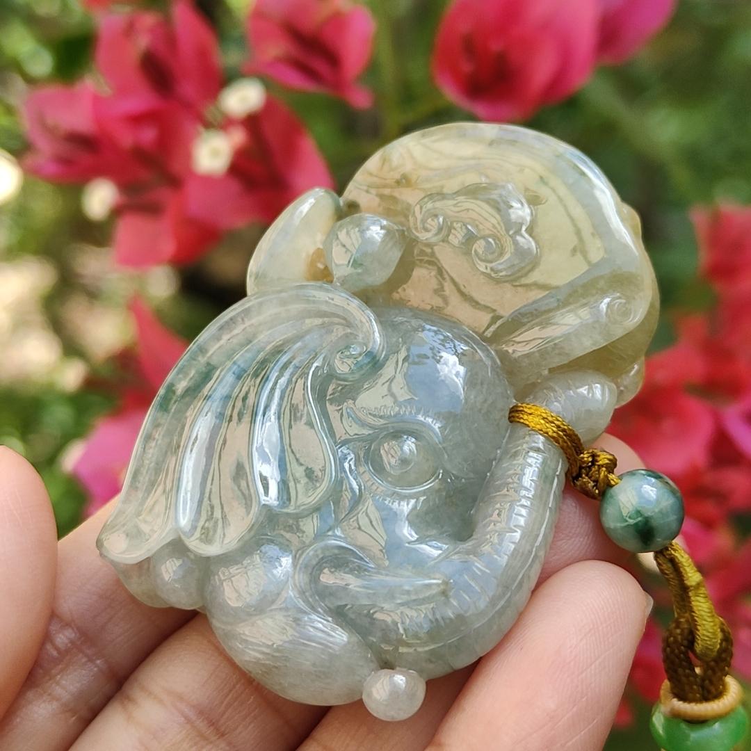 Light green and Yellow Natural Type A Jadeite Pendant, a rare collection carved with Monkey, Elephant and Ruyi, symbols of Wisdom, strength, authority, good luck and protection, certificate included weigh 47.85 grams, 55.7 * 36 * 13.8 mm (pendant74)