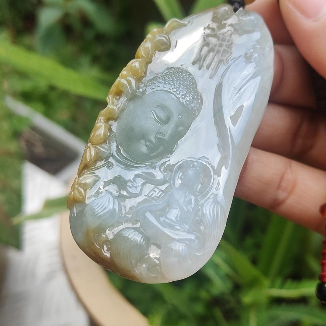 High Quality Yellow with Light Green Natural Type A Jadeite Jade crafted with Buddha and Monk as Pendant, certificate weigh 54.87 grams, measurement 71.6 * 35.6 * 9.5 mm (pendant262)