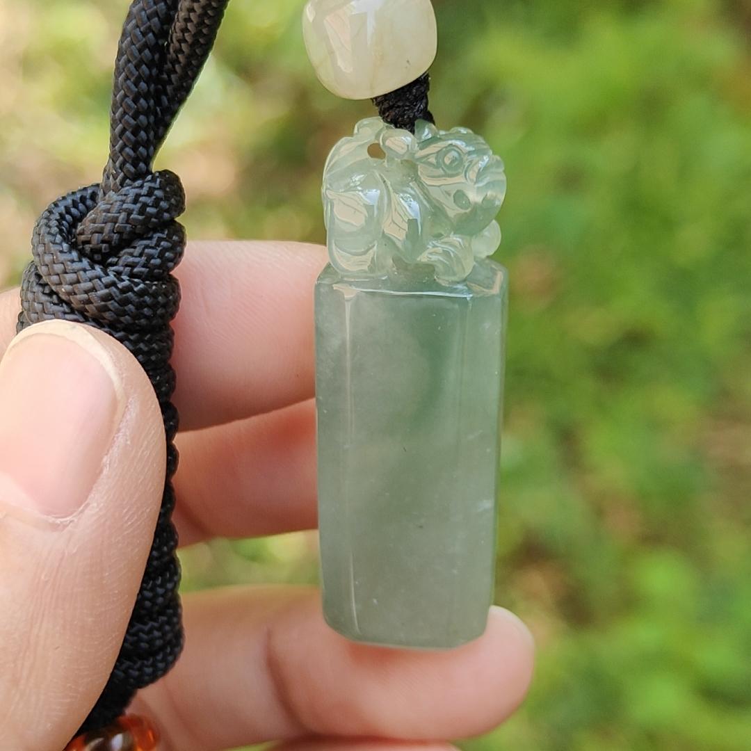 An Excellent Piece of Green Natural Type A Jadeite Pendant Necklace or Stamp crafted with Pixiu boosting Incoming Money and power with certificate weigh 13.16 grams, 41.2 * 13.6 * 8.7 mm , (pendant137)